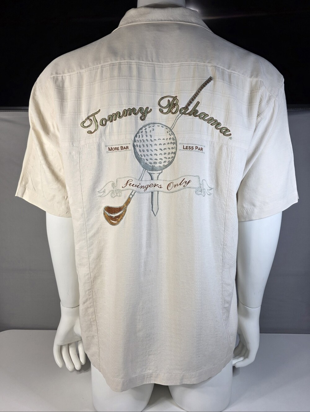 Tommy Bahama Vintage Cream 100% Silk Golf Embroidered Camp Shirt Size XL